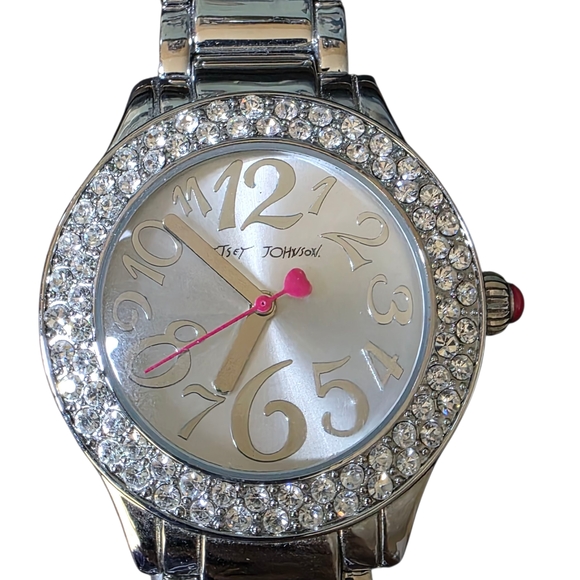 Betsey Johnson Silver and Pink Crystal Women's Watch - Picture 1 of 4